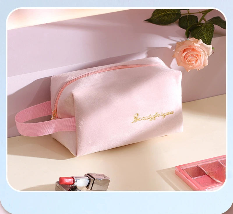 Plush Cosmetic Bag for Women – Large Zipper Makeup & Toiletry Travel Pouch, Solid Color Beauty Bag