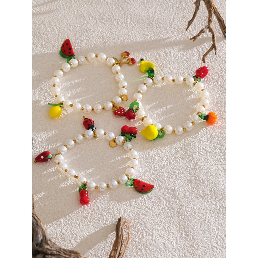 Yhpup 5 Style Trendy Handmade Beads Jewelry Simulated Pearls Chain Fruit Drop Bracelet Bangles Stainless Steel Wrist Accessories