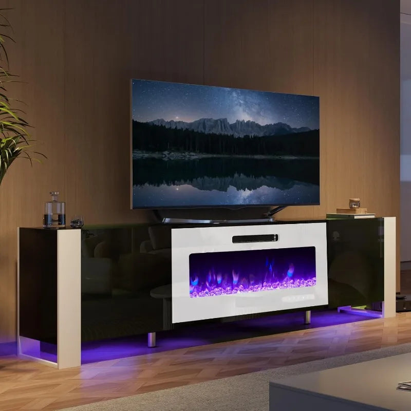 Fireplace TV Stand with 40" Fireplace, 80" Modern High Gloss Entertainment Center LED Lights, U-Shaped Legs TV Console