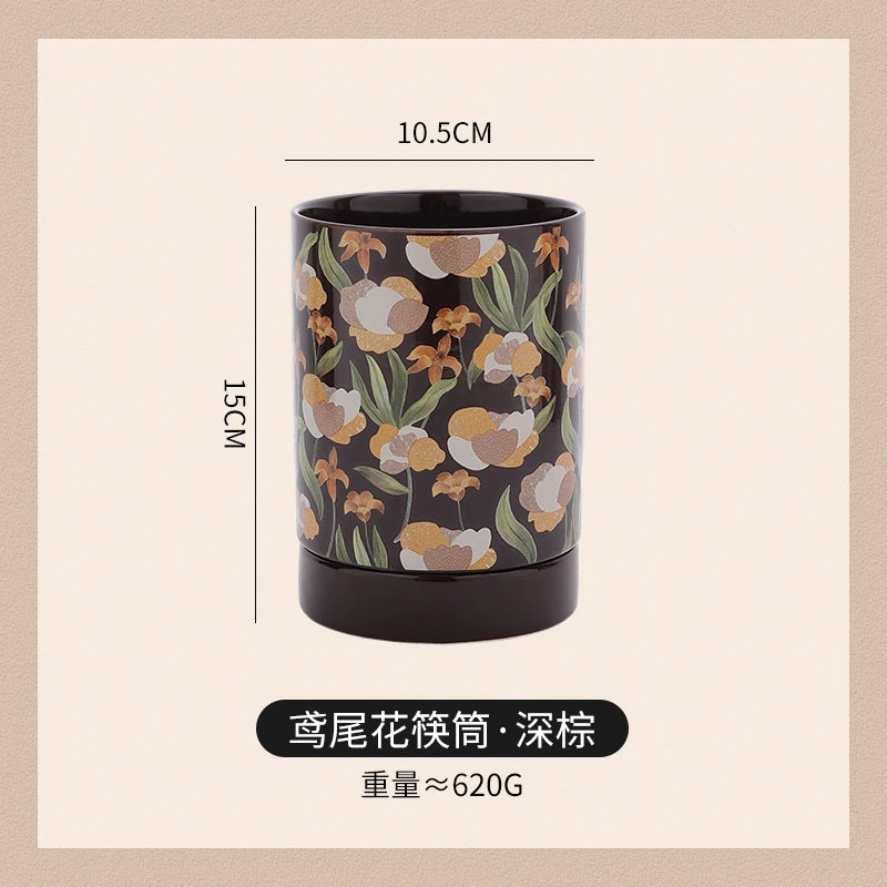 French Iris Ceramic Chopstick Holder Countertop Mold Proof Draining Chopstick Storage Jar Knife Spoon Rack Kitchen Storage Tool