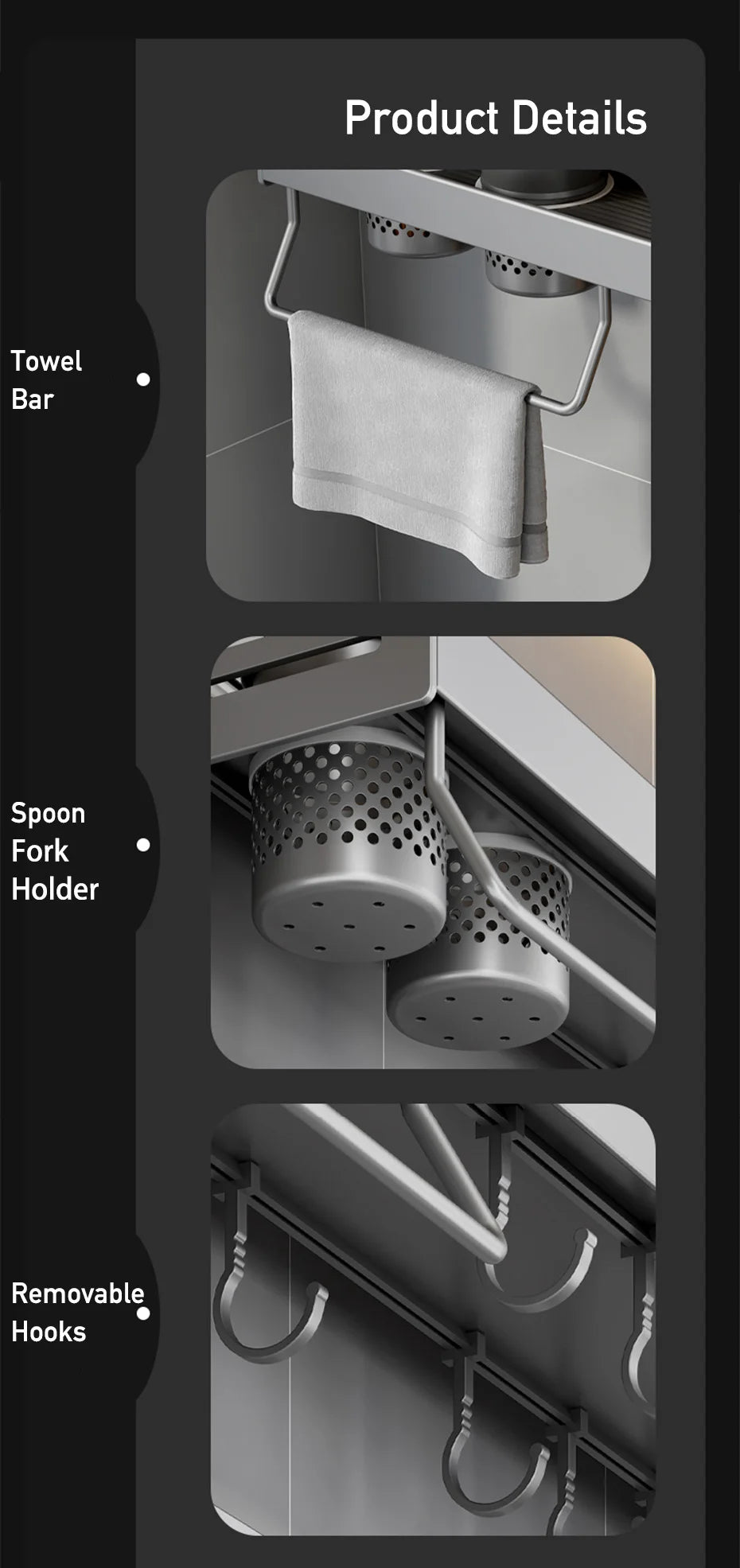 No Drill Kitchen Storage Rack Aluminum Wall Mount Spice Seasoning Spoon Knife Stand Holder Rag Dishcloth Rack Organizer Shelf