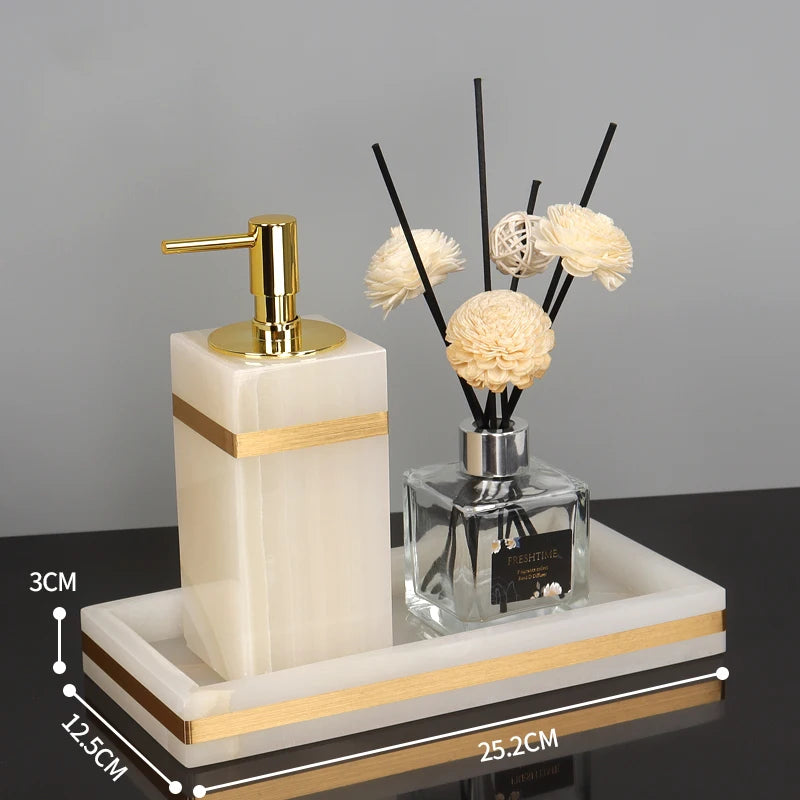 White Onyx Natural Marble Bathroom Accessories Gold Luxury Soap Dispenser Cotton Swab Holder Toothbrush Holder Bathroom Set