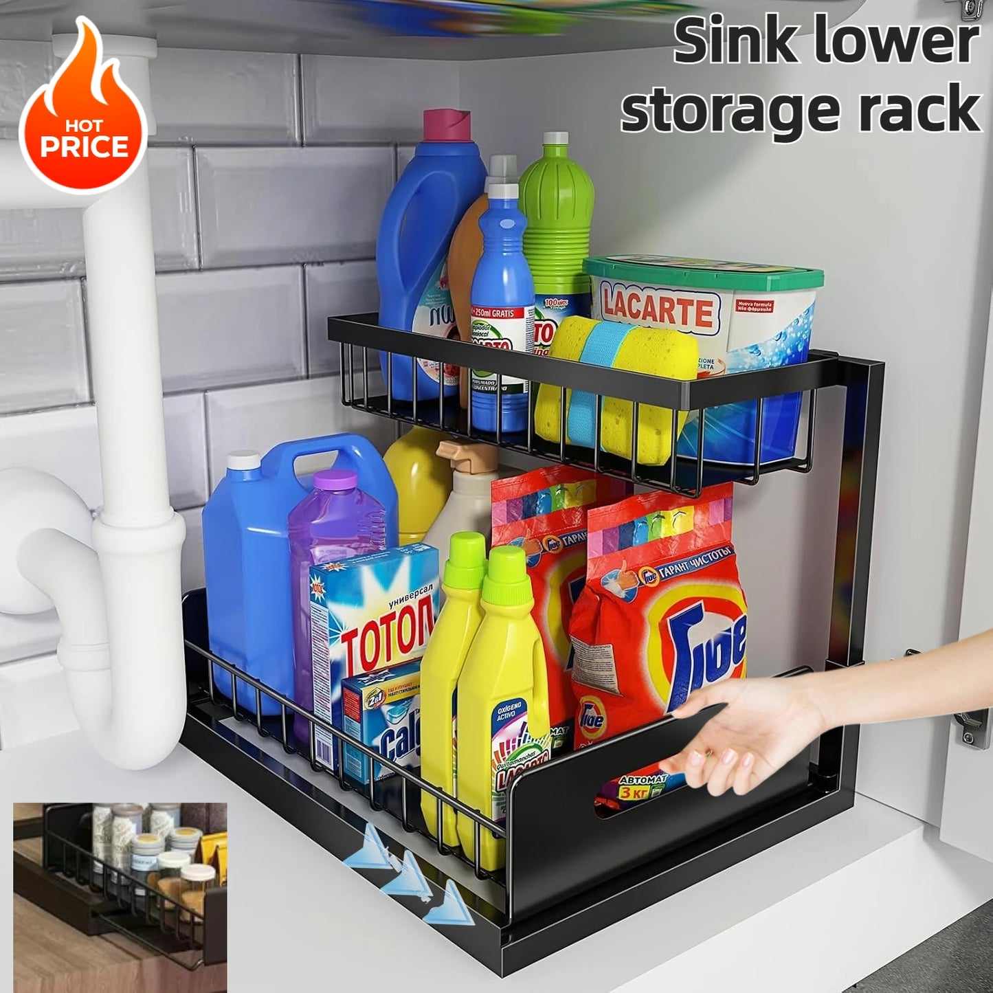 Best 2 Tier Under Sink Organiser Pull-out Sliding Cabinet Storage Basket Kitchen Bathroom Rack for Cleaning Supplies & Spices