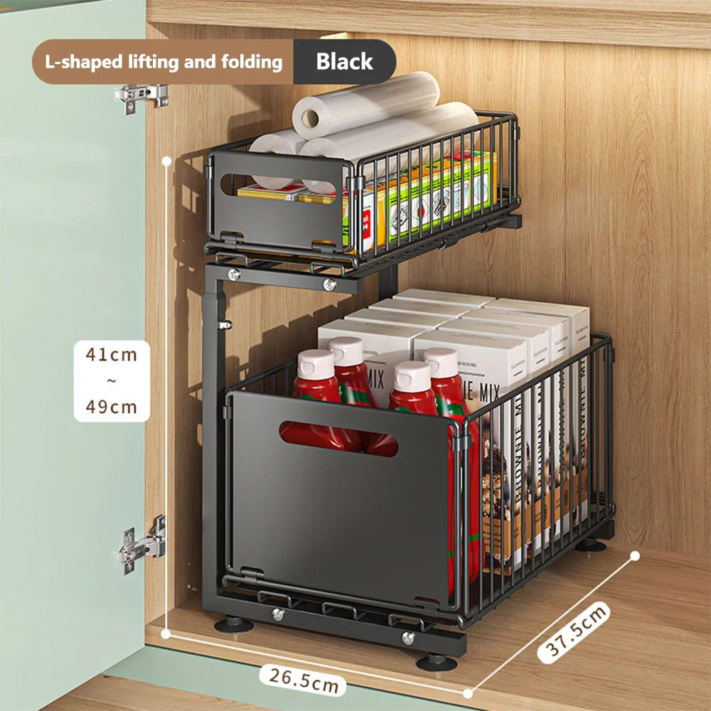 2 Tier Pull Out Cabinet Organiser Adjustable Under Sink Storage Rack Slide Out Drawer Kitchen Spice Jar Storage Shelf
