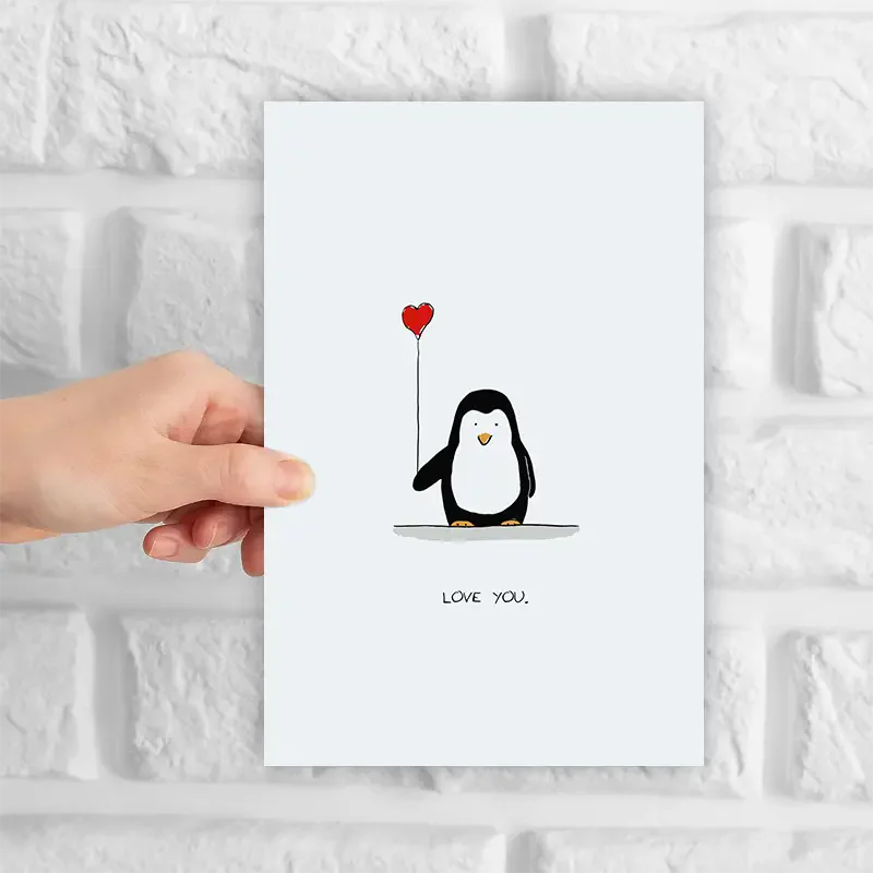 1pc Greeting cards, fun and creative, for family and friends, suitable for any occasion, penguins holding love balloons