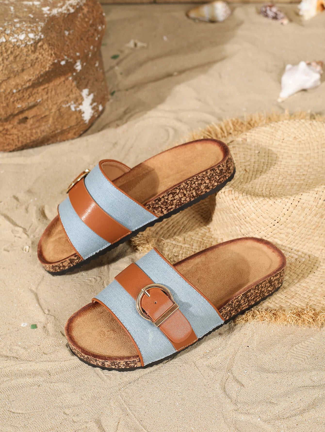 Women's Cork Insole Sandals, Single Strap Buckle, Comfort Slippers