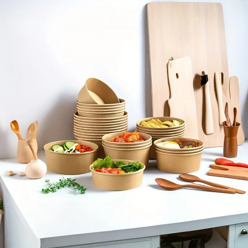 15/30PCS Kraft Paper Bowls Disposable Bowls with Lid Salad Vegetable Soup Kitchen Restaurant Party Snack Storage Supplies
