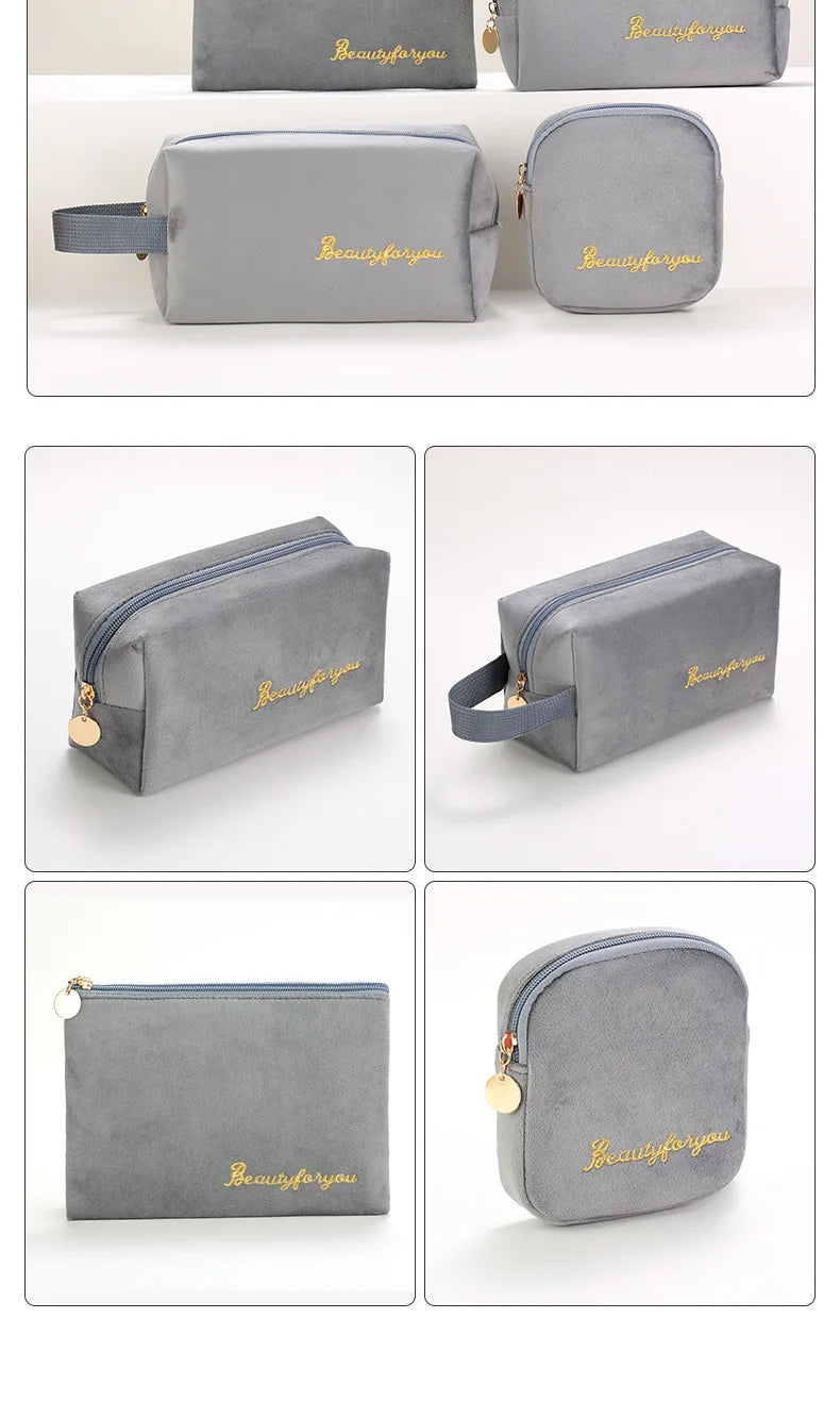 Plush Cosmetic Bag for Women – Large Zipper Makeup & Toiletry Travel Pouch, Solid Color Beauty Bag
