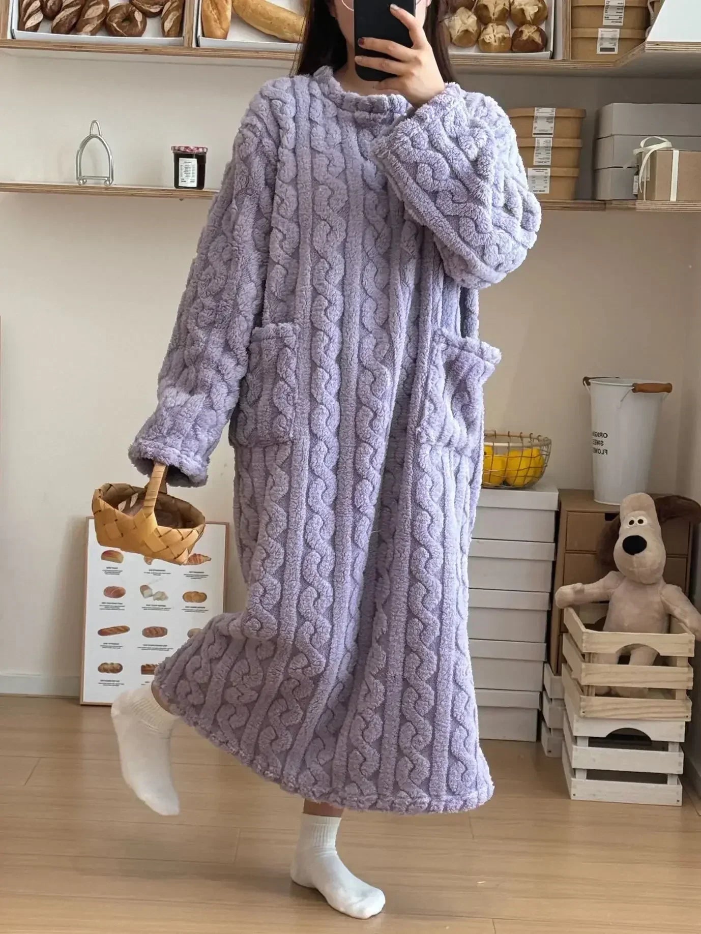 Women’s Fleece Nightgown – Long Sleeve Thick Warm Wearable Blanket Dress