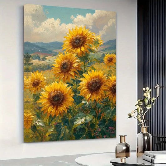 A sunflower canvas artwork, 16x24 inch, elegant framed poster, vertically decorated wall decorations, ready to hang