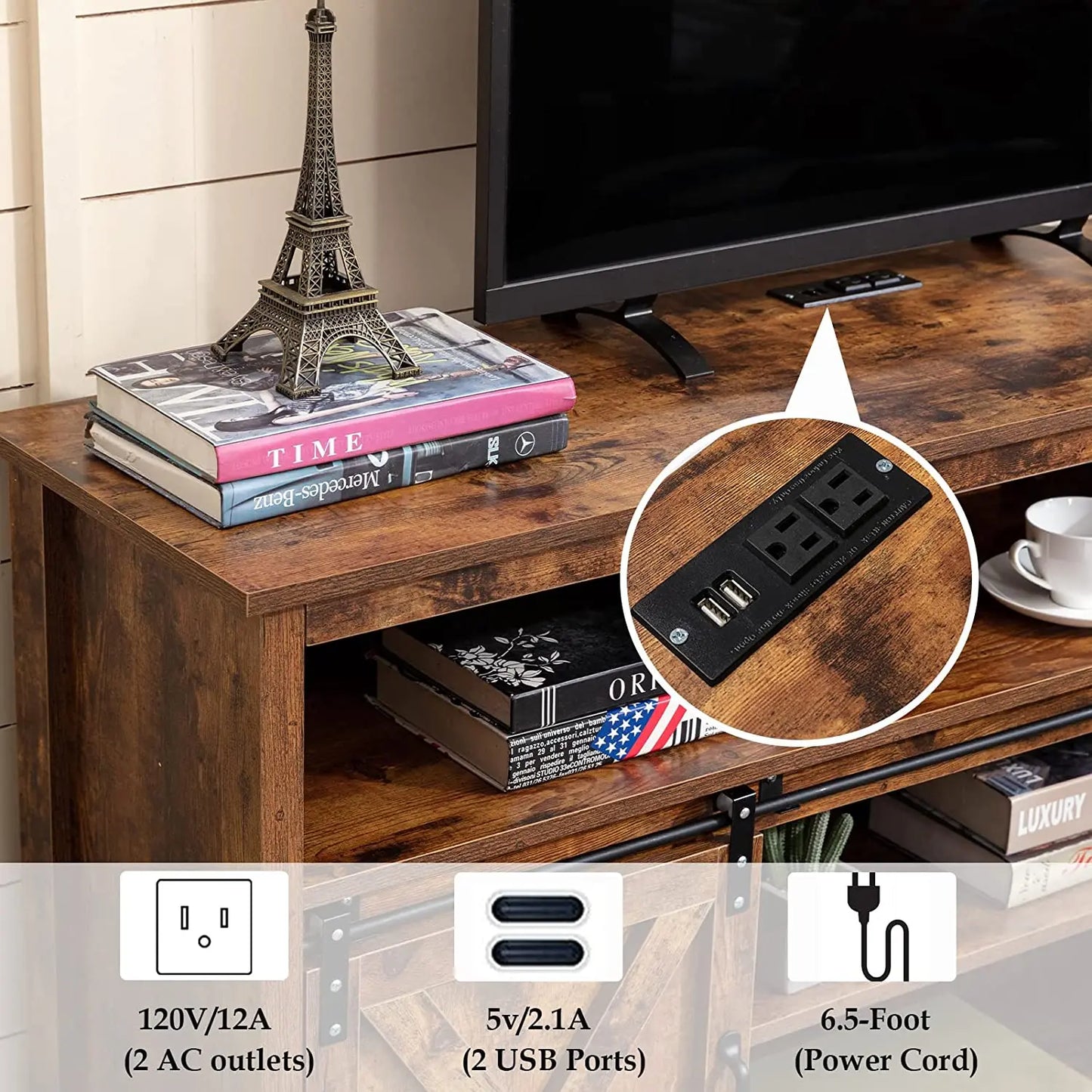 TV Stand Farmhouse Coffee Bar Cabinet Rustic Sliding Barn Door Storage Cabinet with Power Outlet & LED Light, 57" Wooden TV Cabi