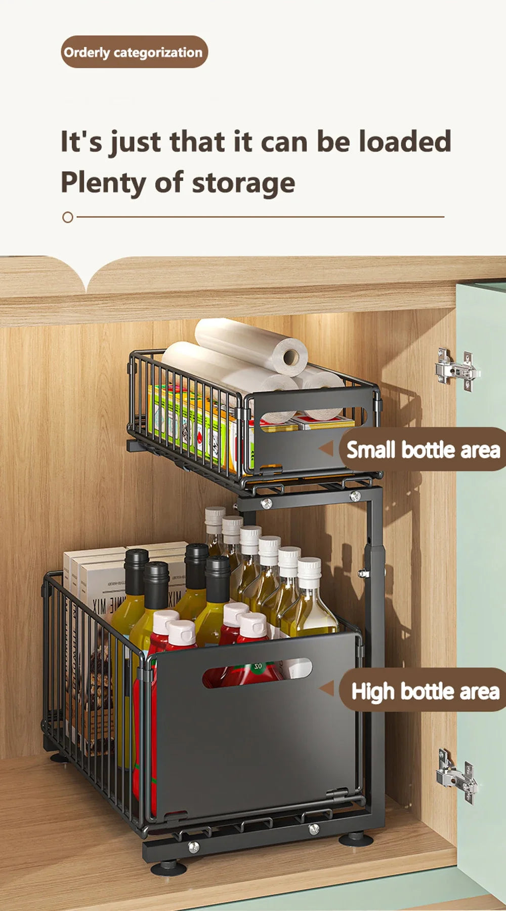 2 Tier Pull Out Cabinet Organiser Adjustable Under Sink Storage Rack Slide Out Drawer Kitchen Spice Jar Storage Shelf