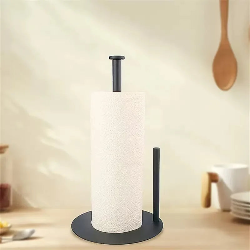 Paper Towel Holder Black, Premium Stainless Steel Kitchen Roll Dispenser, Countertop Roll Organizer with Weighted Base