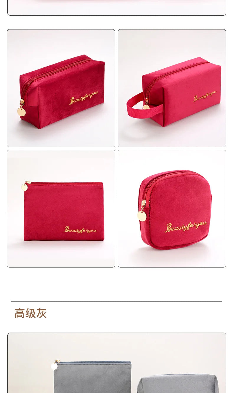 Plush Cosmetic Bag for Women – Large Zipper Makeup & Toiletry Travel Pouch, Solid Color Beauty Bag