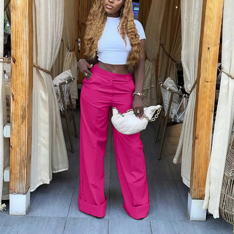 Women's Solid Color High Waist Wide Leg Pants Cuffed Hem Button Closure Pockets Design Office Work & Casual Streetwear Outfit
