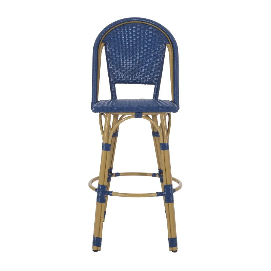 29.5 Outdoor PE Rattan and Aluminum French Barstools Set of 2 Navy Blue and Bamboo Finish