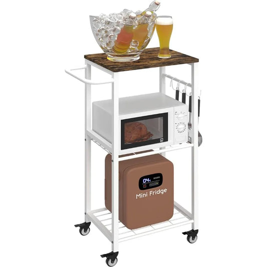 3Tier Rolling Kitchen Cart Microwave Stand on Wheel Movable Coffee Bar Cart with Metal Handle Bakers Rack with 8 Hooks Utility