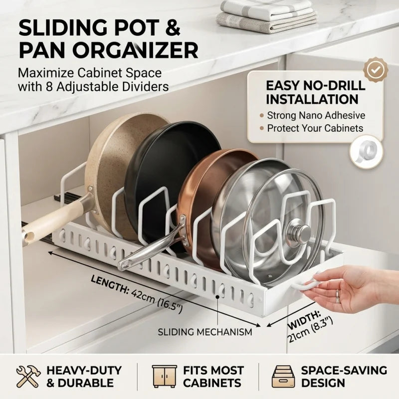 Under Cabinet Sliding Pots Pans Organiser Pull Out Kitchen Storage Tray With 8 Adjustable Dividers Cookware Lid Holder Rack