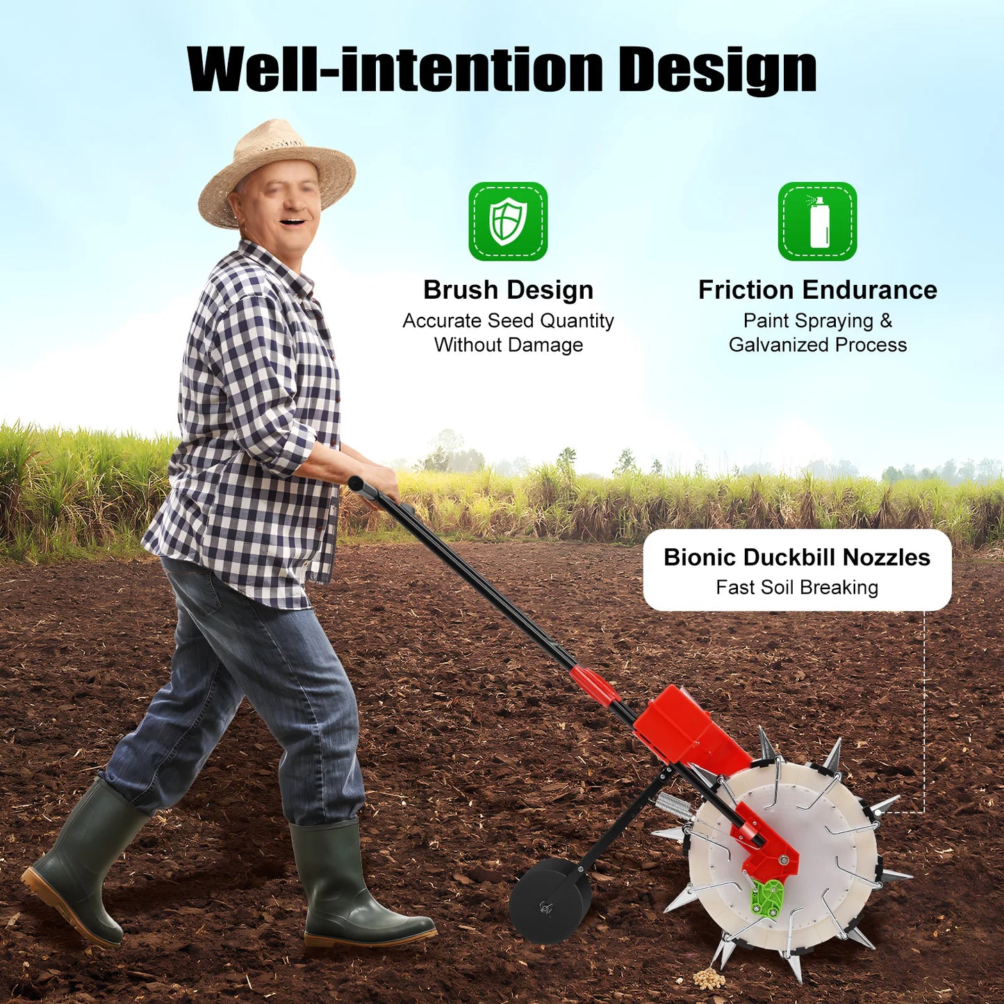 Garden Push Seeder Adjustable Sowing Depth Accurate Seed Distribution Hand-Push Seeder for Easy Harvesting