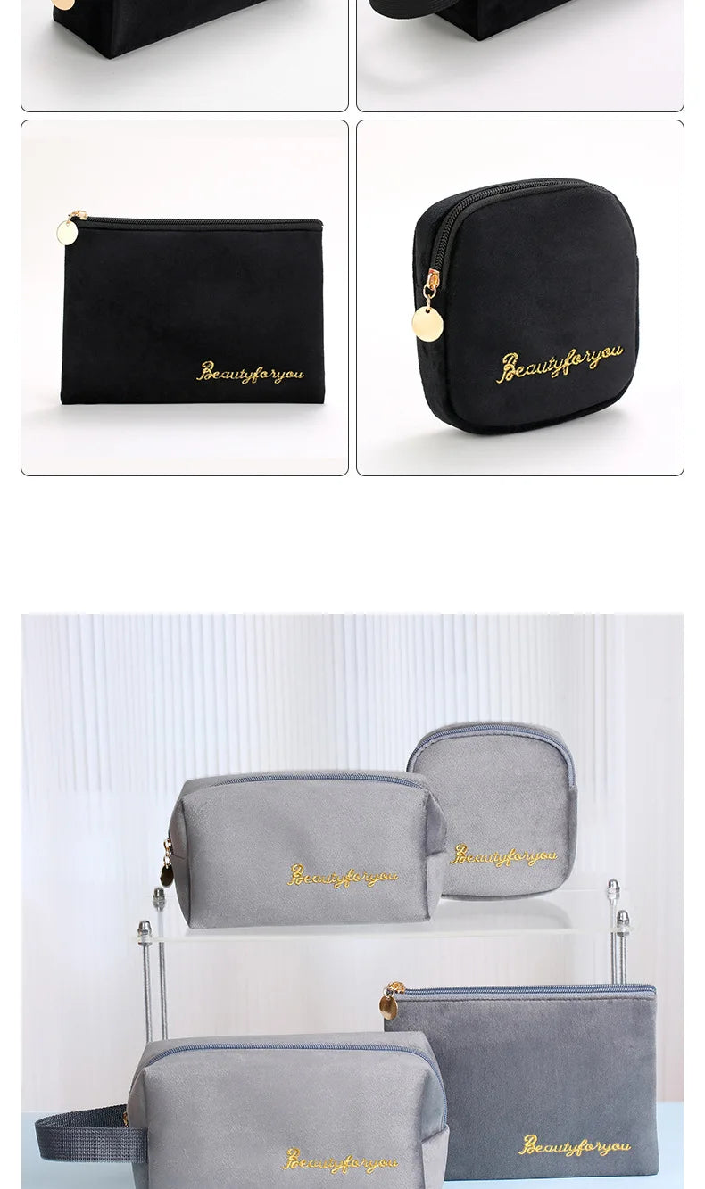 Plush Cosmetic Bag for Women – Large Zipper Makeup & Toiletry Travel Pouch, Solid Color Beauty Bag
