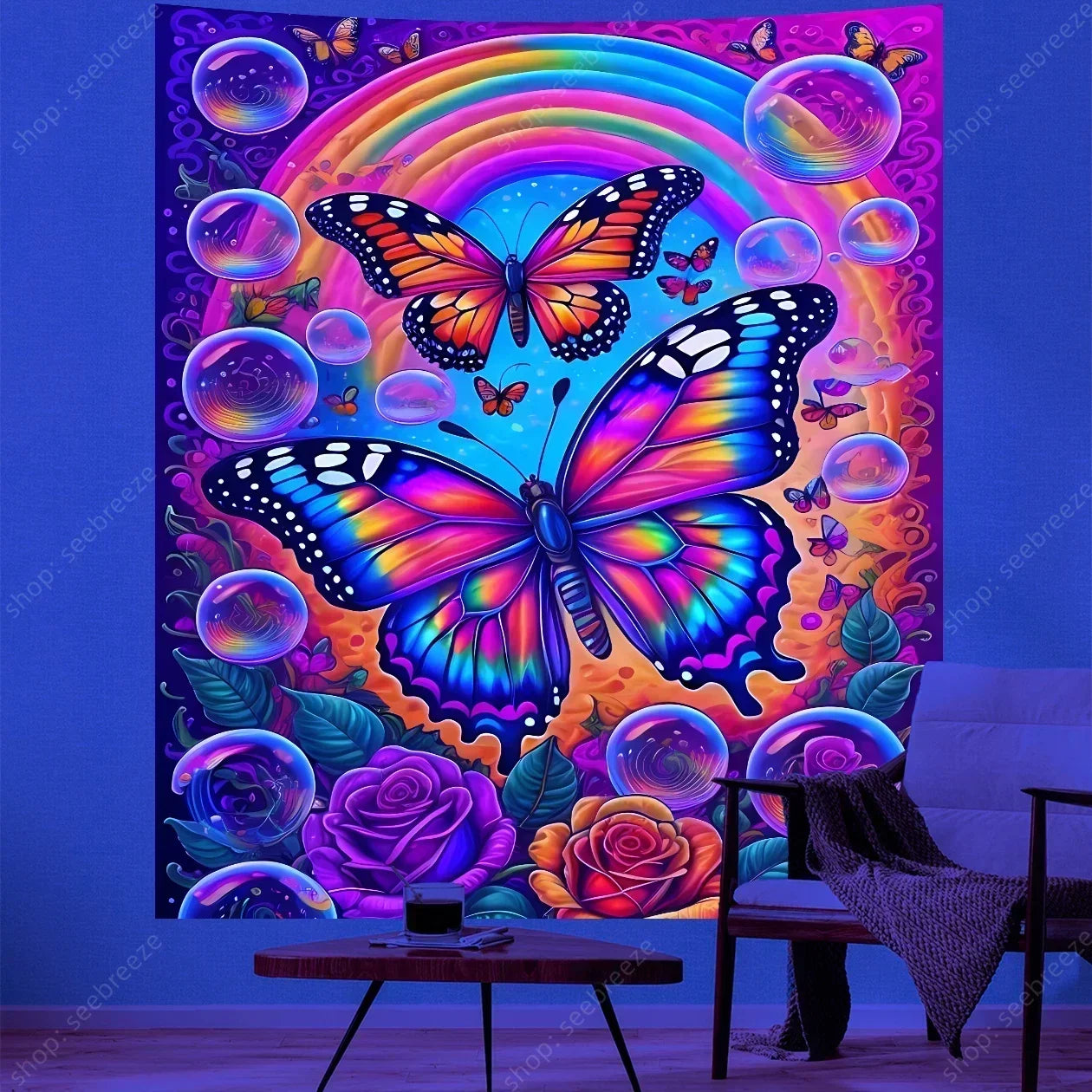 Butterfly Flower UV Reactive Tapestry Wall Hanging Hippie Boho Room Decor