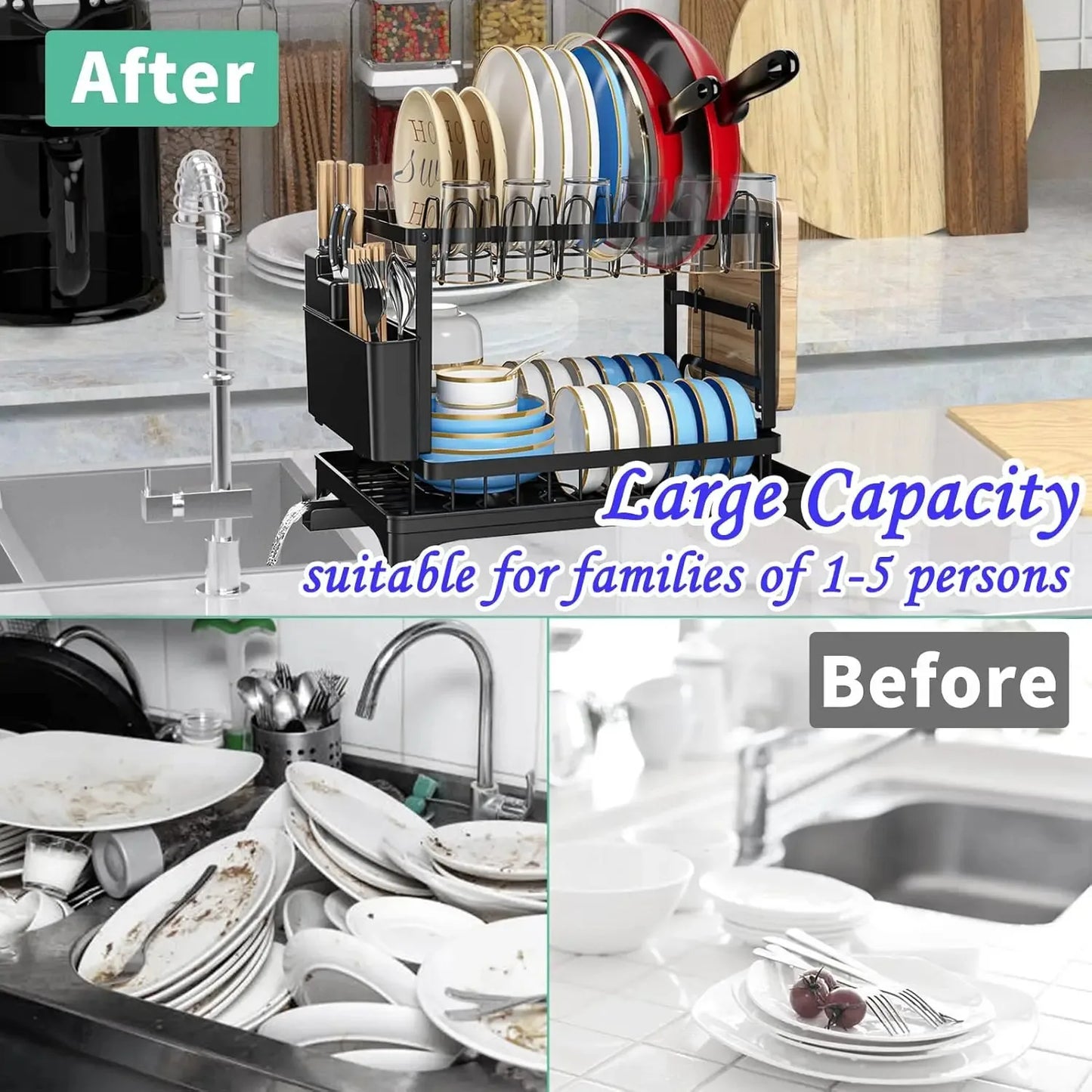 Black 2 Tier Dish Drying Rack Multifunctional Kitchen Bowl Dish Drain Rack Complete Set for Tableware Cutlery Cup Storage