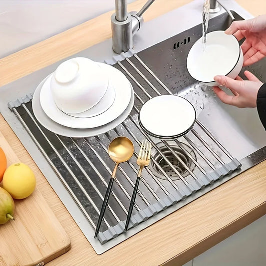 1pc Foldable Dish Drainer, Roll Up Dish Drying Rack ,Kitchen Sink Holder Organiser,Tableware Plate Storage Shelf