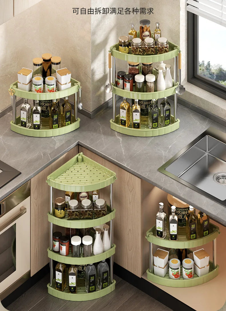 Kitchen Spice Rack Shelf Countertop Corner Multifunctional Seasoning Supplies Rack Saving Spice Rack Organiser with Hooks