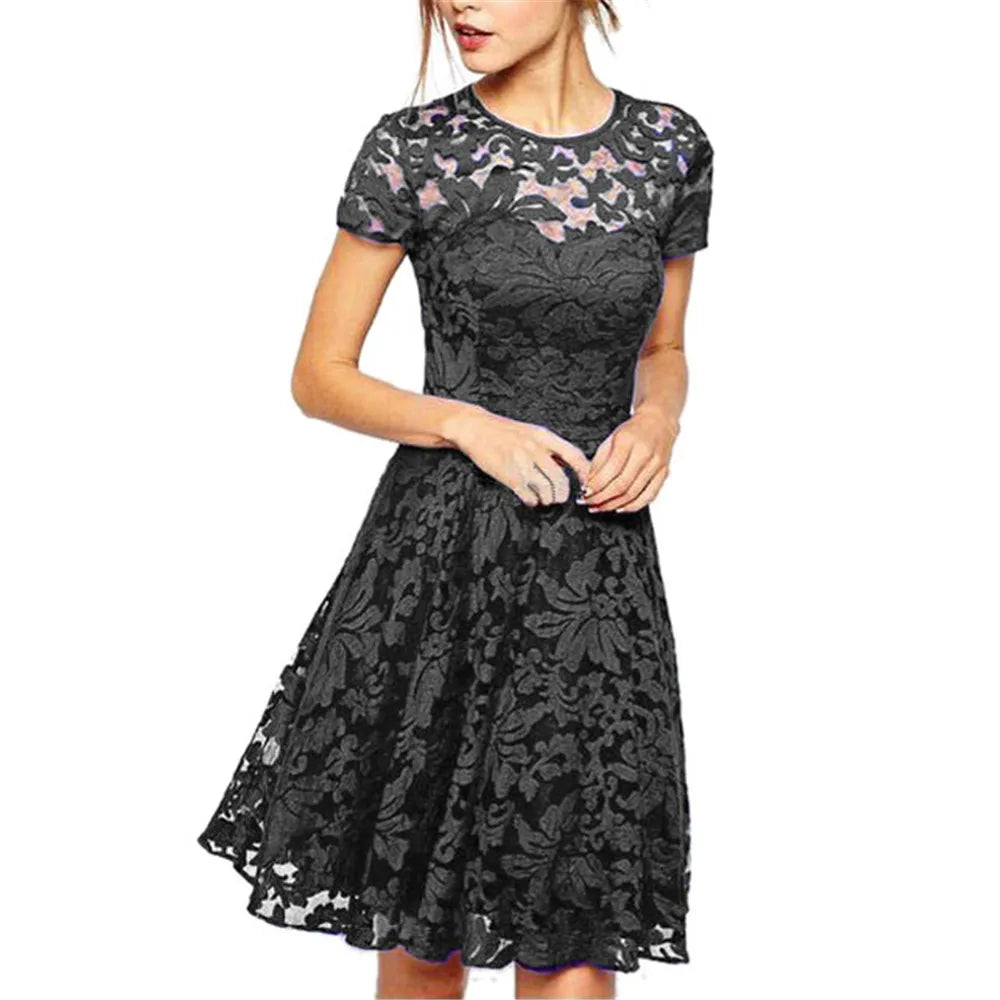 Women Summer Dress See-through Hollow Out Lace Short Sleeves Big Hem Mini Dress Round Neck A-line Prom Dress Women Clothes