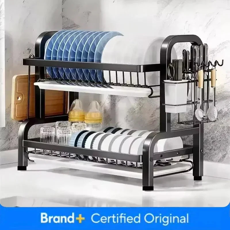 2 Tier Stainless Steel Dish Drainer with Utensil Holder Compact Rust Proof Kitchen Storage Organiser Drying Rack for Dishes