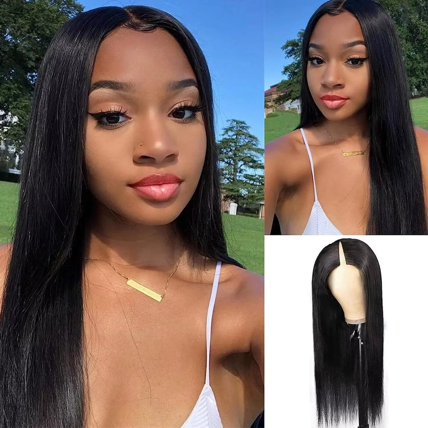 V Part Wig Human Hair Straight Upgrade V Part Wig for Women Clip in Half Wig Beginner Friendly No Lace No Glue No Sew in