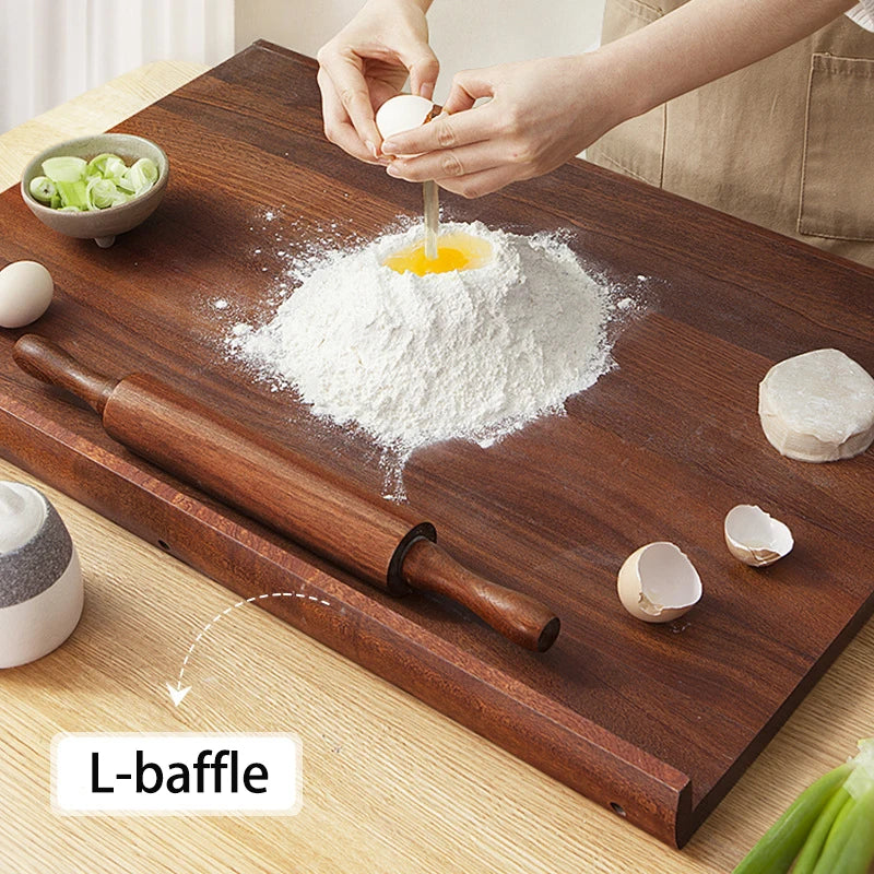 L-Baffle Ebony Wood Pastry Board, Large Dough Kneading Board with Anti-Spill Edge, Solid Wood Rolling Pin Butcher Block