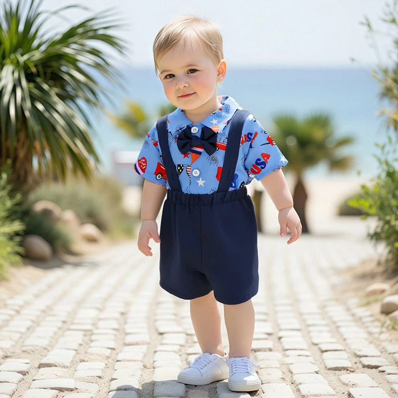 Toddler Boys Independence Day Outfits Short Sleeve Bowtie Romper Suspender Shorts Set Infant Clothing for 4th of July