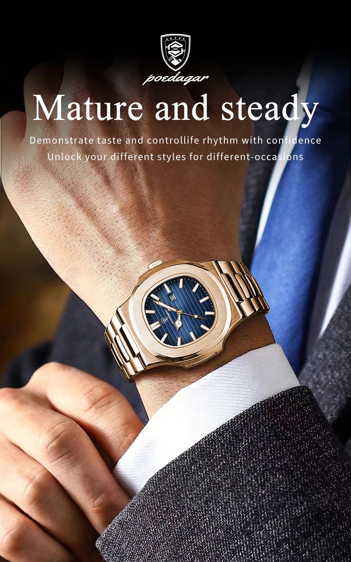 POEDAGAR Top Classic Men Wristwatch Waterproof Luminous Date Square Watch For Man Stainless Steel Sport Men's Quartz Watches+Box