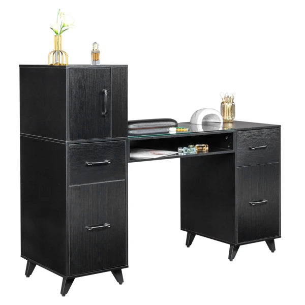 FCH Black relief particle board tempered glass 141*50*112cm three doors and two drawers fanless nail table