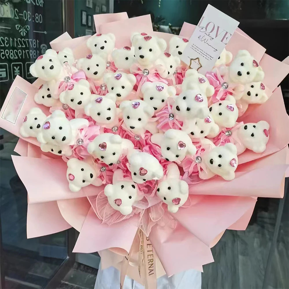 10pcs/Pack 12CM Couple Bear Flower Bouquet Dolls Mini Foam Teddy Bears Plush DIY Valentines Flower Gifts Packaging Accessor part