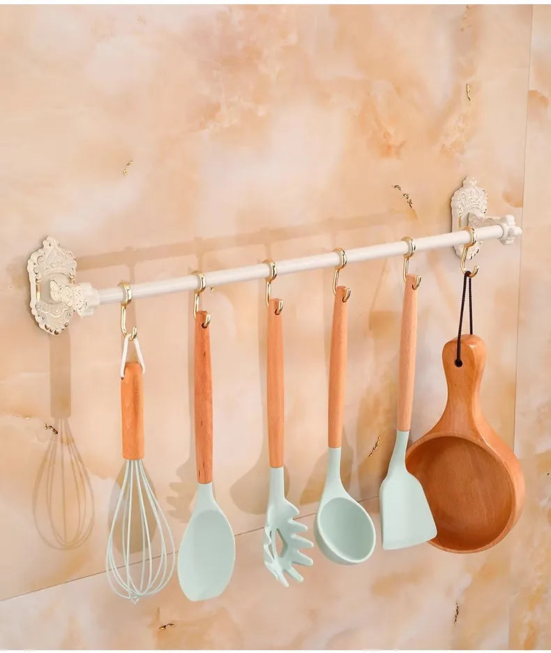 Wall Mounted Kitchen Storage Rack Shelves with Movable Hook Spoon Holder Organiser Kitchen Utensil Accessories Kitchen Tools