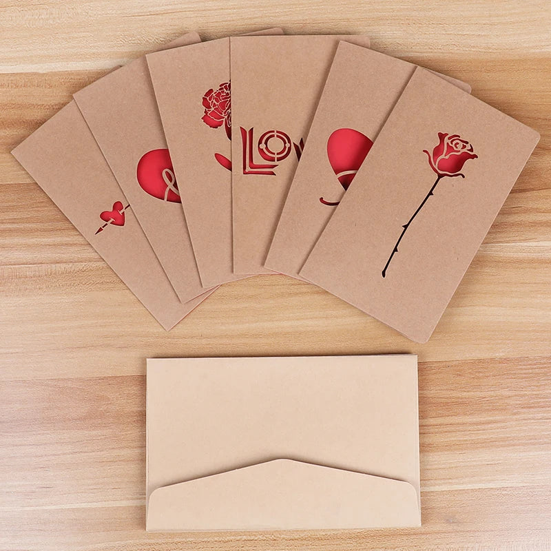Valentines Day Mothers Day Greeting Card with Envelope Hollow Heart Flowers Gift Card Birthday Party Supplies Wedding Invitation