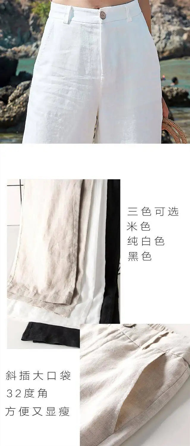 Women’s Cotton Linen Wide Leg Pants – High Waist Loose Fit Summer Trousers, Full Length Casual