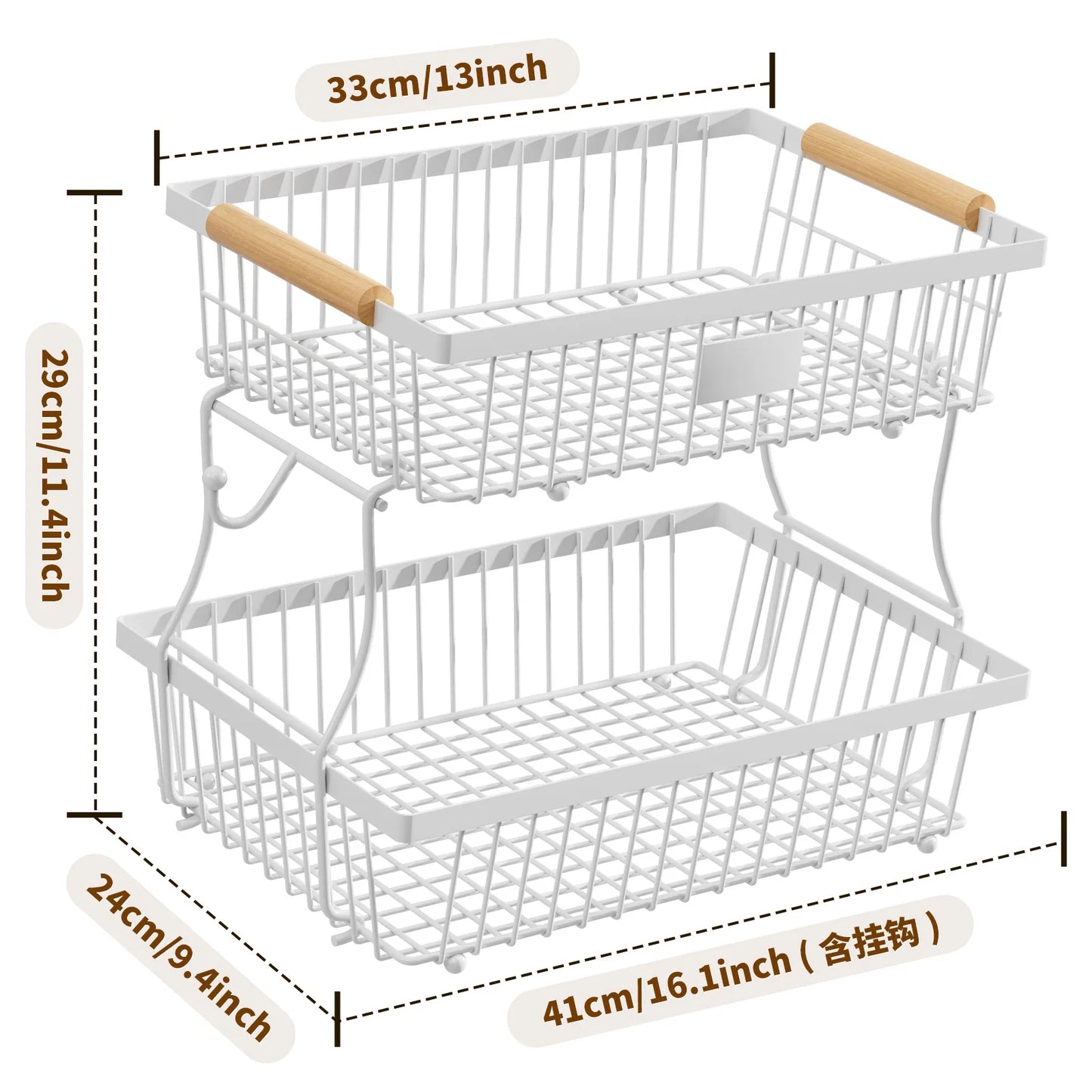 33*29cm deteachable fruit vegetable kitchen storage organisation racks holders double-layer trays wood hand SS home display