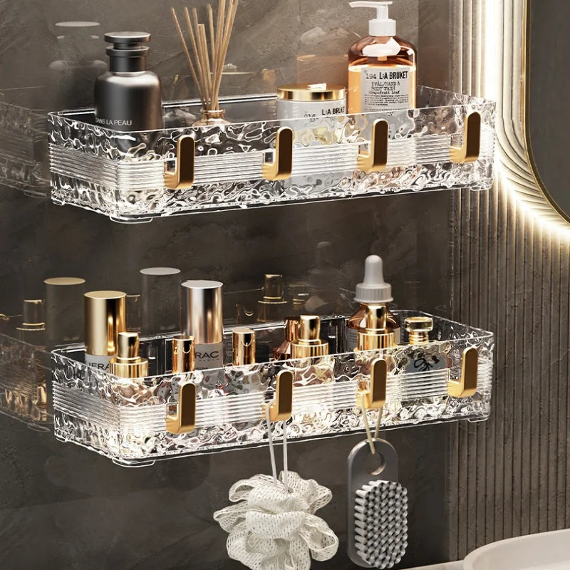 Wall Mounted Bathroom Storage Rack With 4 Hooks Corner Skincare Shampoo Shower Gel Shelf Makeup Perfume Holder