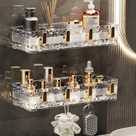 Wall Mounted Bathroom Storage Rack With 4 Hooks Corner Skincare Shampoo Shower Gel Shelf Makeup Perfume Holder