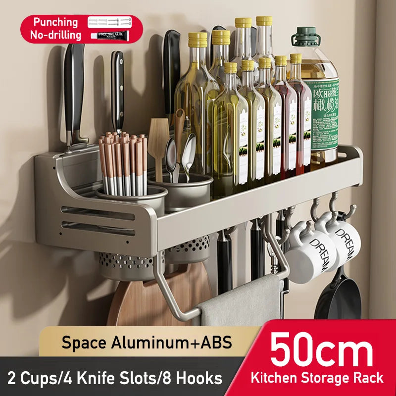 No Drill Kitchen Storage Rack Aluminum Wall Mount Spice Seasoning Spoon Knife Stand Holder Rag Dishcloth Rack Organizer Shelf
