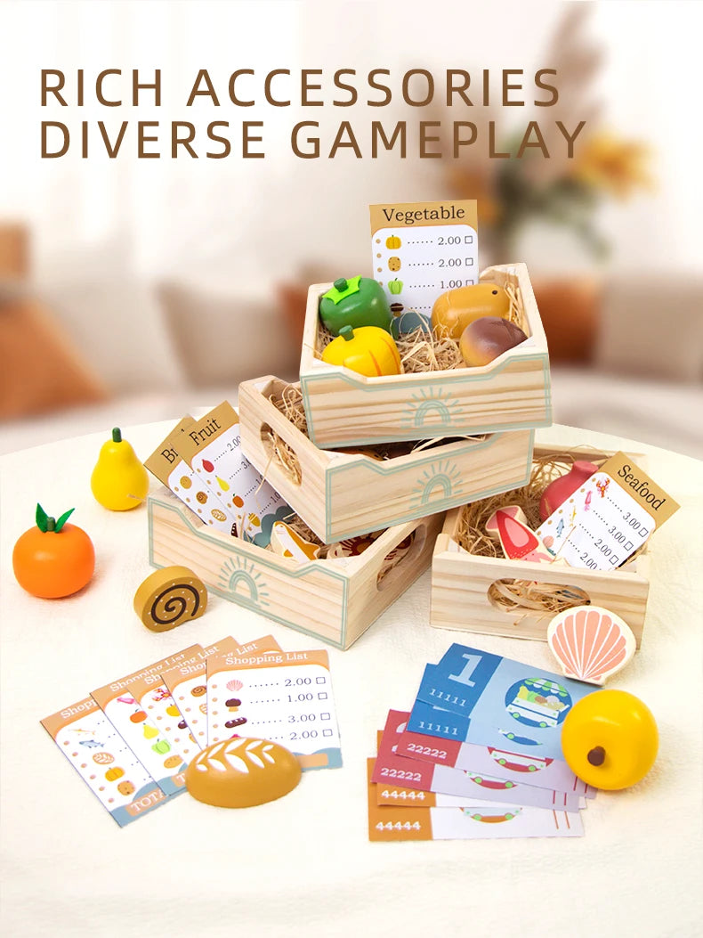 Wooden Pretend Play Kitchen Toys Cutting Food Accessories Set Fruit Vegetable Bakery Meat fish Early Educational Cognition Toys