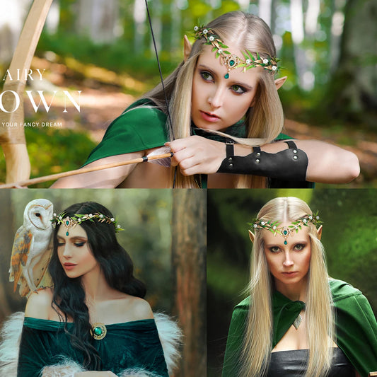 Fairy Flower Leaf Crowns Headband for Women Elven Princess Tiara Elf Headpiece for Cosplay Halloween Costume Photoshoot Wedding