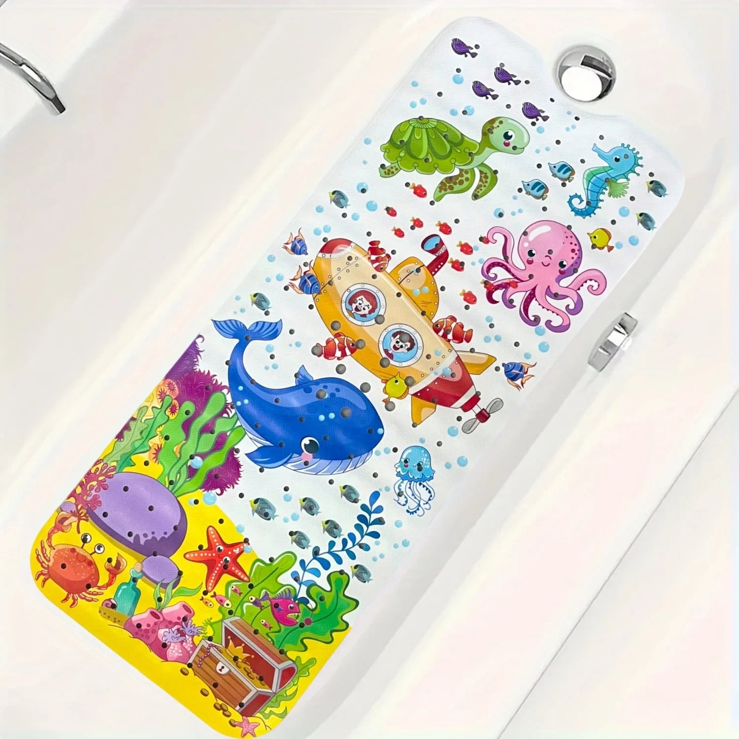 1pc Baby Bath Mat for Tub for Kids, Non Slip Cartoon Bathtub Mat Anti Slip with Drain Holes & Suction Cups,Underwater World