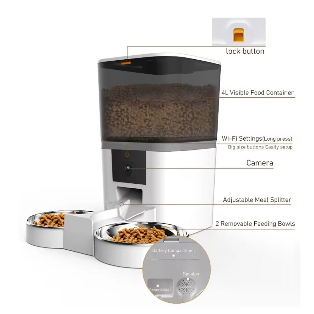 4L Smart Automatic Pet Feeder – Camera & Voice Video Cat and Small Animal Food Dispenser with Dog Feeding Bowl
