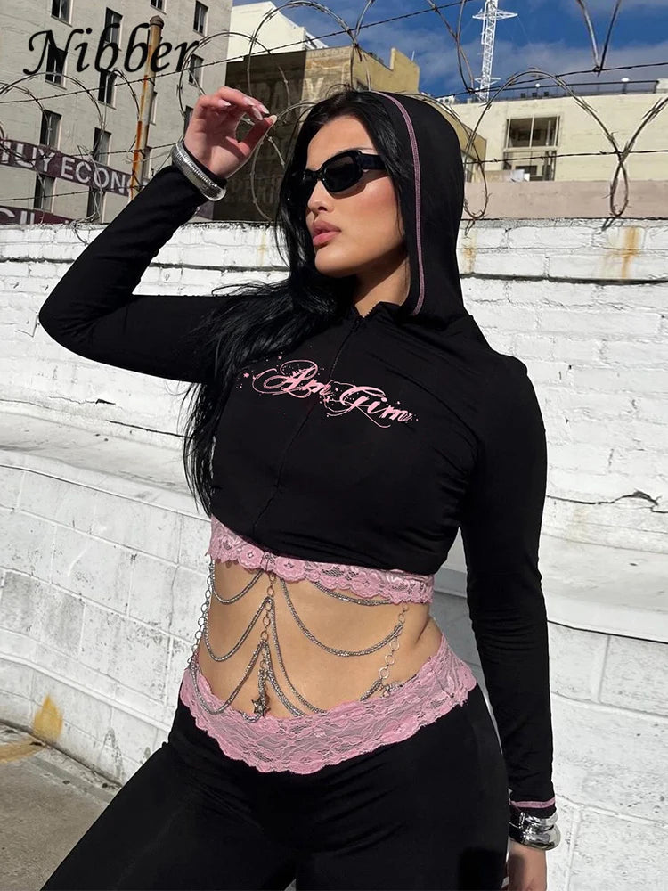 Nibber Lace Patchwork Woman 2 Piece Set Hooded Zip Crop Jacket+Patchwork Flare Pants Matching Streetwear Casual Matching Outfits