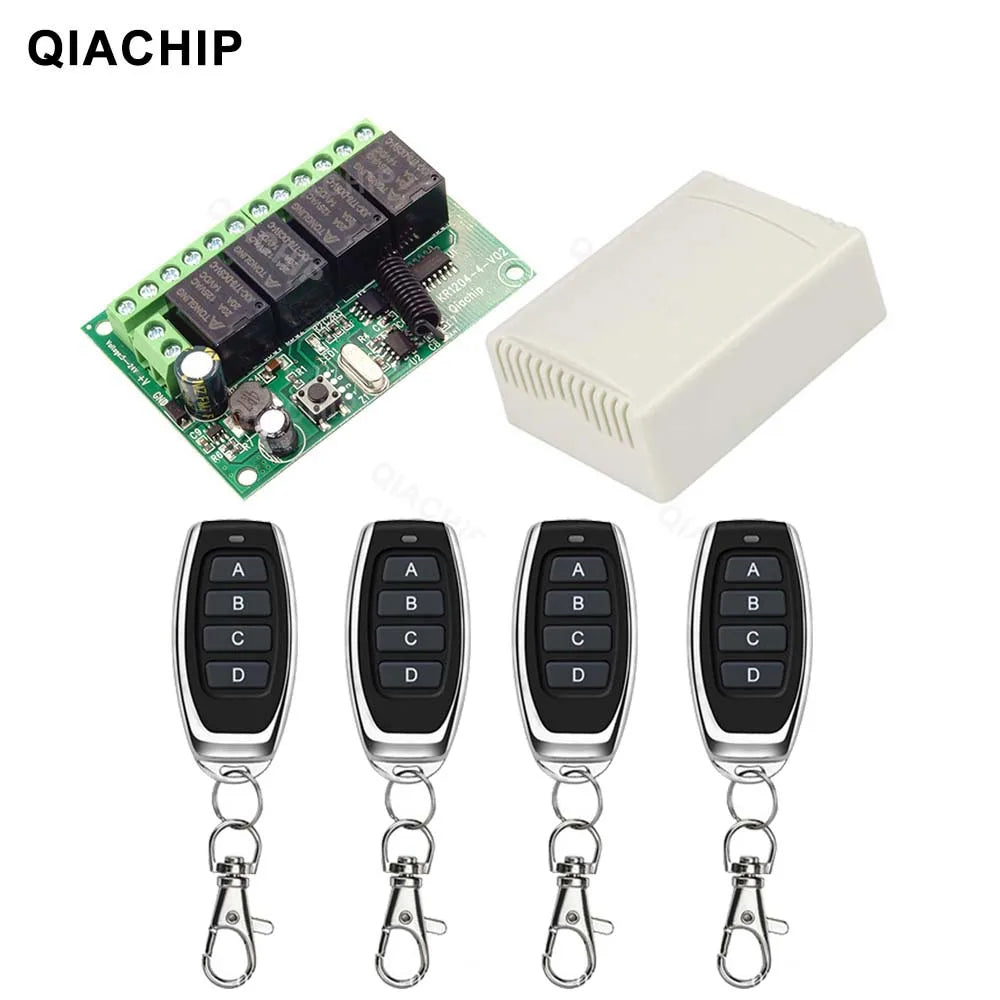 QIACHIP 4CH 433.92MHz Relay Module – DC 5V/12V/24V/48V 10A Wireless Remote Control Switch for EV1527, DC Motor DIY