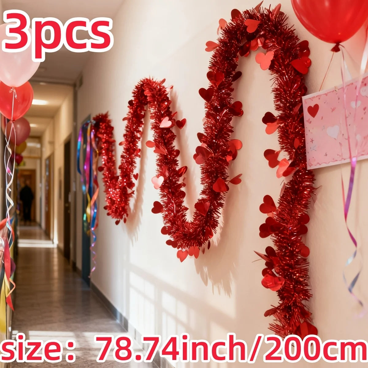 6-meter Artificial Valentine's Day Heart-shaped Vine - Festival Decoration Artificial Flower - Red Heart-shaped Hanging Ribbon
